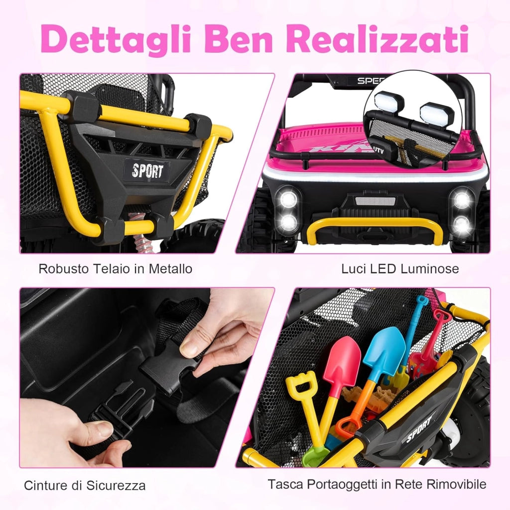 24V Macchina Elettrica per Bambini, Veicolo Elettrico a 2 Posti con Telecomando Clacson Musica Storie Connessione Wireless Luci, 37-86 Mesi (Rosa)