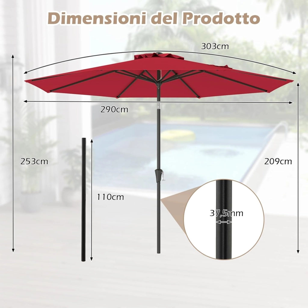 Ombrellone da Giardino, Diametro 290 cm, Ombrello da Spiaggia con Manovella e Inclinazione Regolabile, Ideale per Spiaggia, Balcone, Giardino (Rosso)