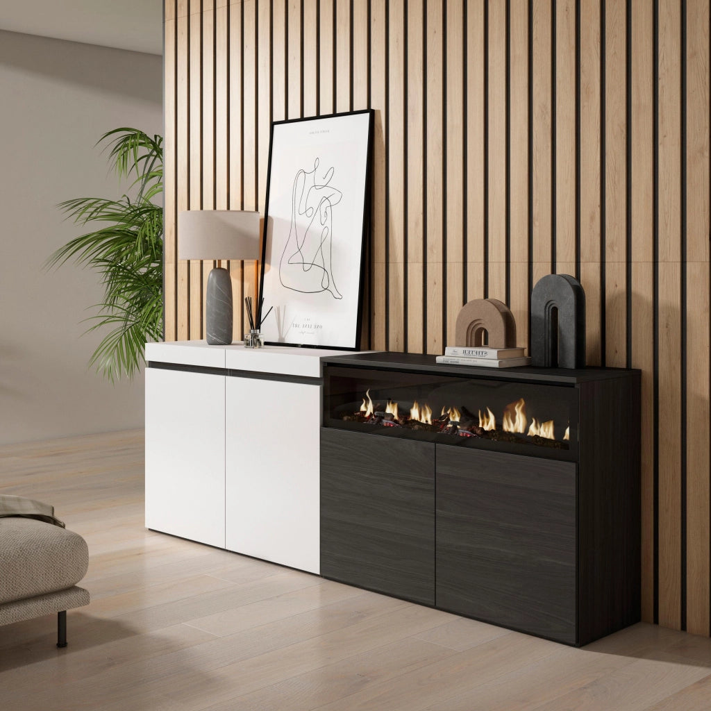Credenza, Mobile, 200x35x75cm, 4 Porte, Camino elettrico, Bianco e nero RF2397