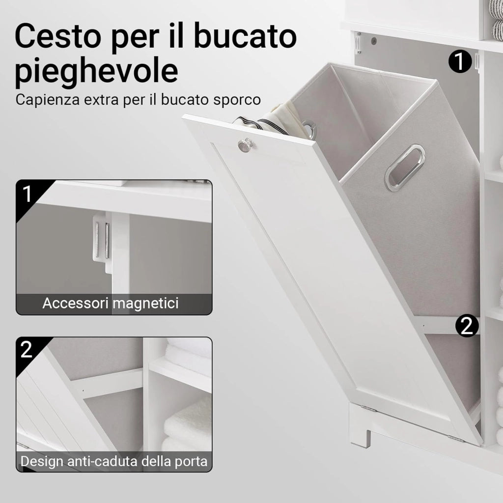 Mobile Bagno con Cesto per Linge Mobile Rangemento Alto Armadio Bagno con 6 Ripiani e 2 Cassetti Mobiletto Salvaspazio Bianco 60x37x171 cm BZR104-W