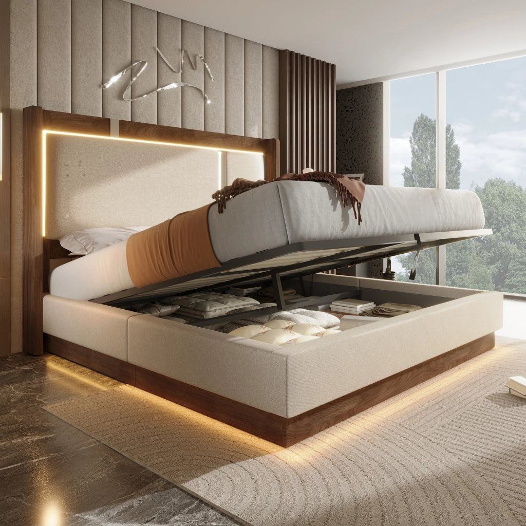 Letto matrimoniale 140x200 cm in stile retrò con LED, contenitore idraulico e rete a doghe, beige