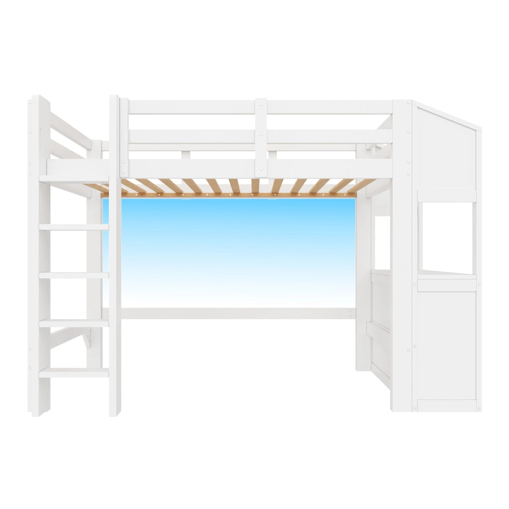 Letto a Soppalco 90x200 cm; Letto Singolo con 3 Cassetti; Mensole e LED - Bianco