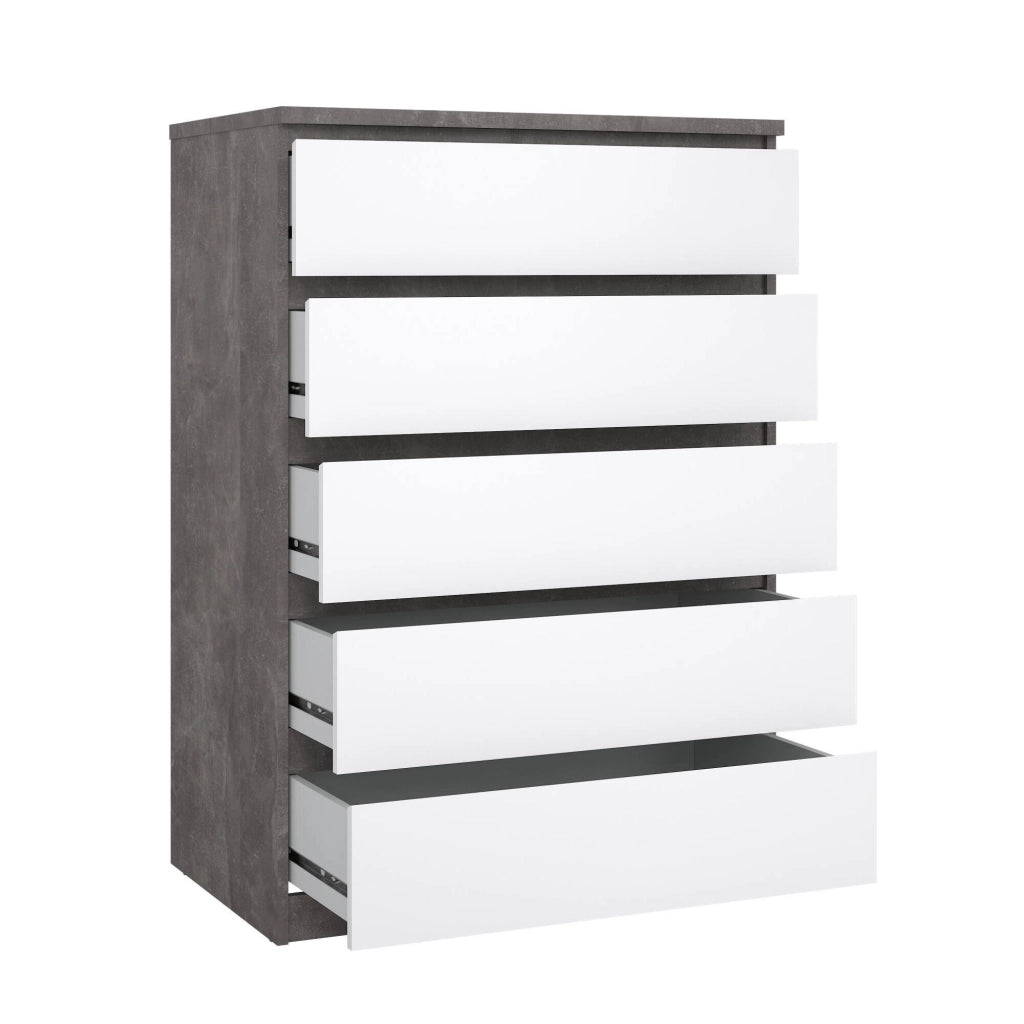 Cassettiera Ansel, Settimino multiuso, Comò camera da letto, Mobile con cassetti, 77x50 h111 cm, Cemento e Bianco lucido