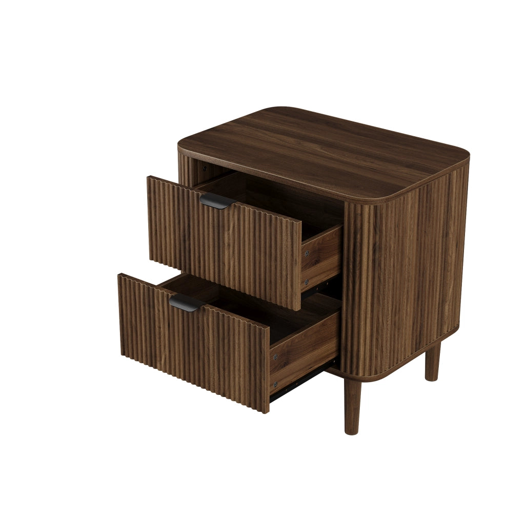 COMODINO 2 Cassetti MDF Color Noce con Frontali Scanalati