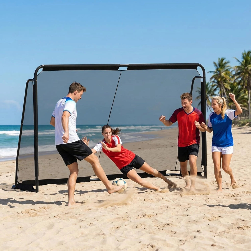 Porta da Calcio per Bambini e Adulti 3 x 2 m con Struttura in Metallo, Rete PE Impermeabile, 8 Picchetti, Sistema di Montaggio a Pulsante, Attrezzatura da Allenamento per Calcio all'Aperto