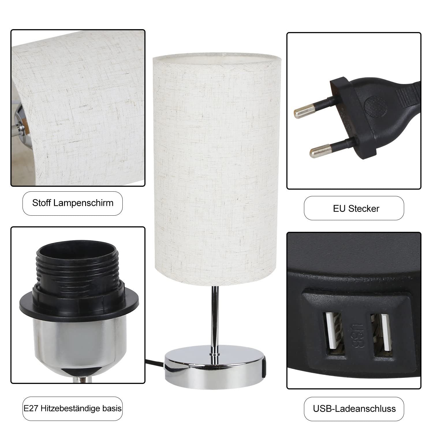 ZMH Lampada da tavolo touch dimmerabile USB ricarica paralume tessuto per comodino ufficio