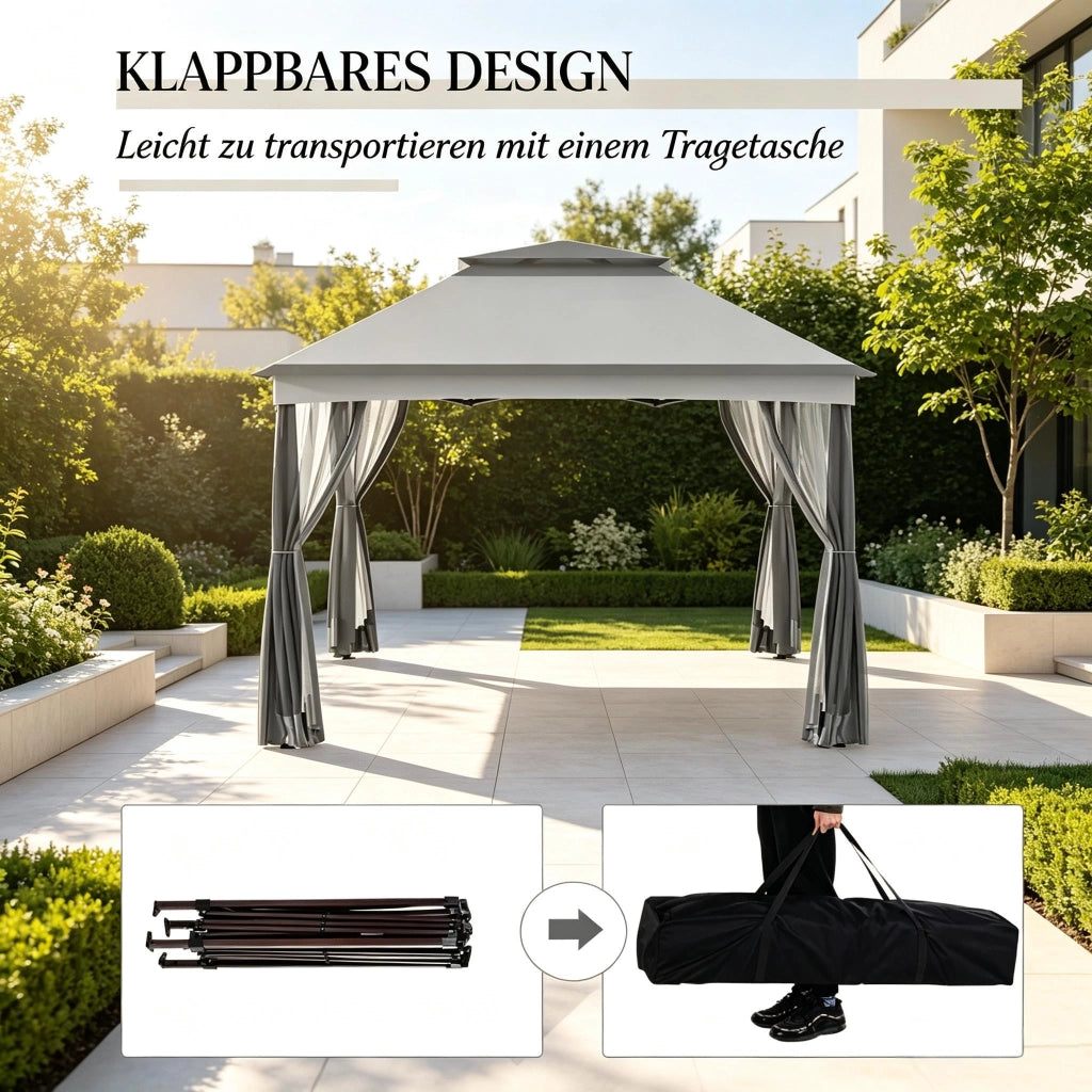 GAZEBO con doppio tetto 3,25 x 3,25 x 2,7 m nero/grigio-marrone