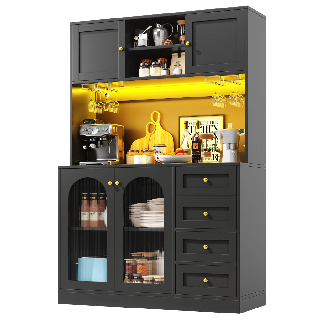 Credenza da Cucina Alta con 4 Ante; LED Regolabile e Vani Interni; in MDF Nero; 120 x 40 x 188 cm