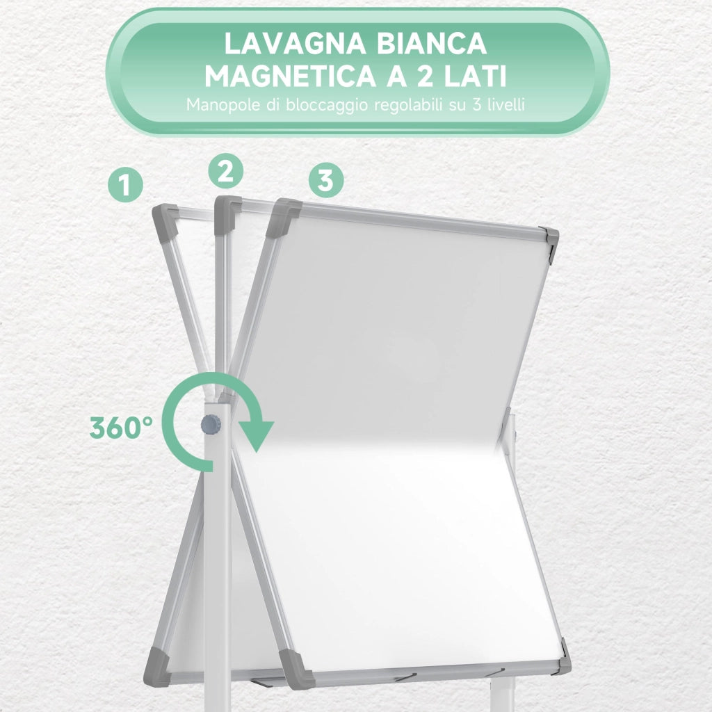 Lavagna Bianca Magnetica a 2 Facce con Accessori e 4 Ruote 127x50x165 cm