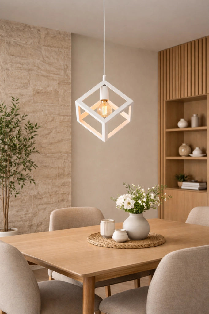 Lampadario Cubo Geometrico a Sospensione Bianco Attacco E27 Lampada Industrial Moderna Metallo per Cucina Tavolo Soggiorno Ristorante