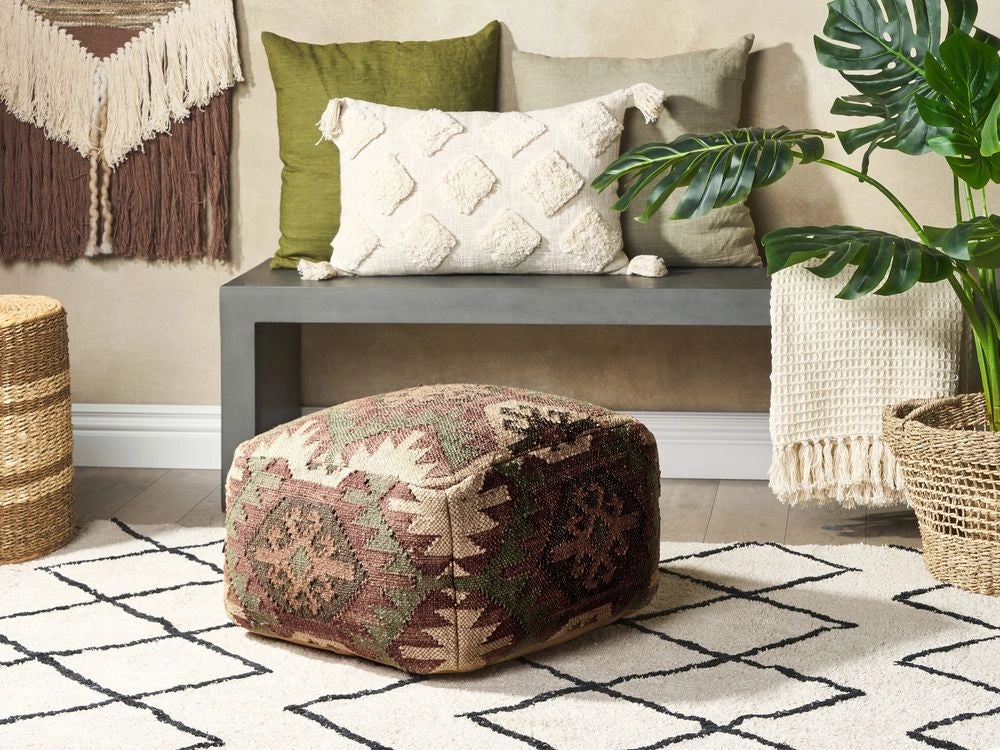 Pouf in stile orientale etnico Kilim in iuta  50 x 50 cm soggiorno camera Poggiapiedi quadrato moderno motivo imbottita beige