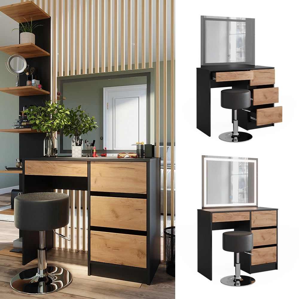 Vicco Tavolino da toilette Antracite/quercia dorata 90 x 75 cm con specchio LED e sgabello