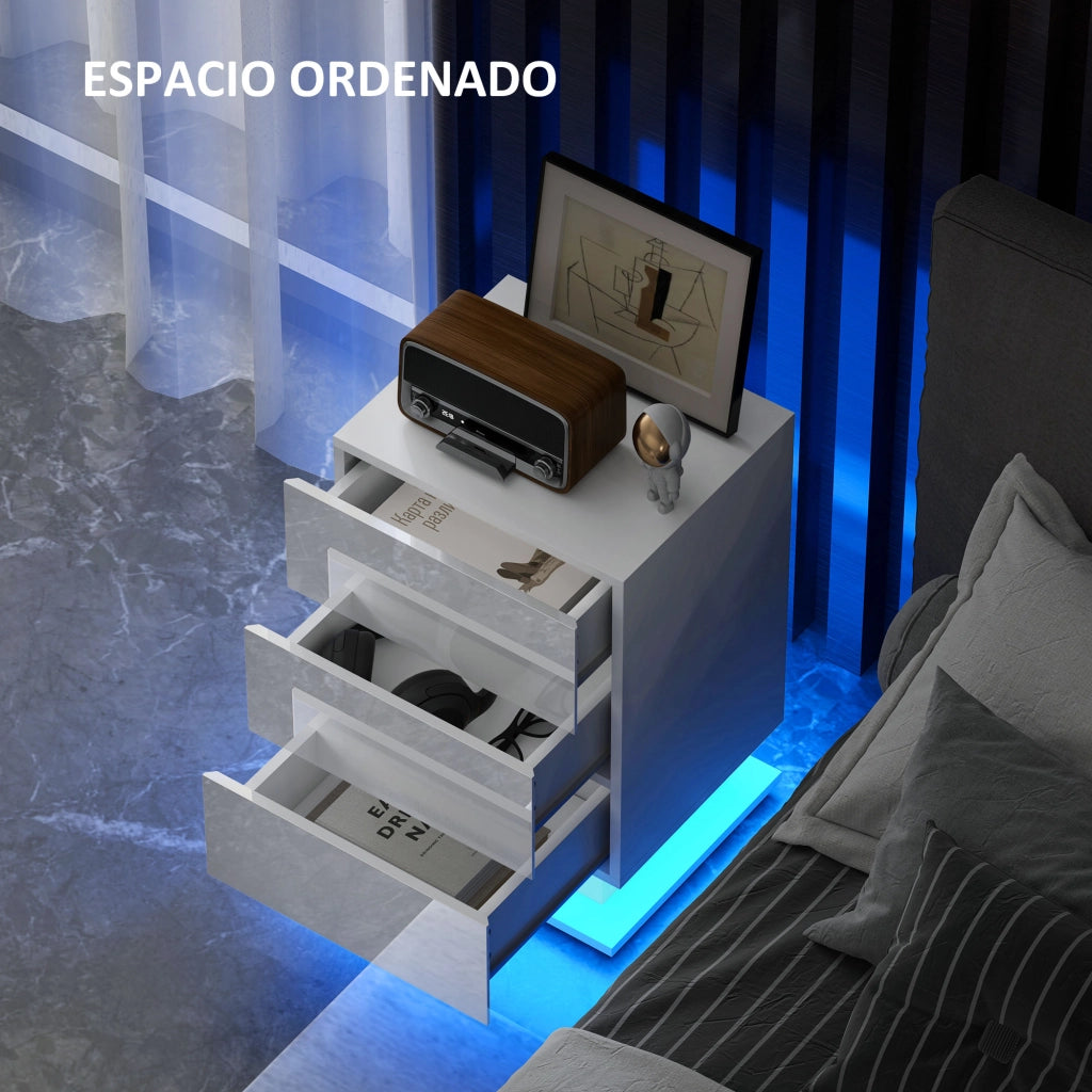 Comodino con LED RGB e 3 Cassetti ¨C Zephmum ¨C Bianco Lucido 40x35x60 cm