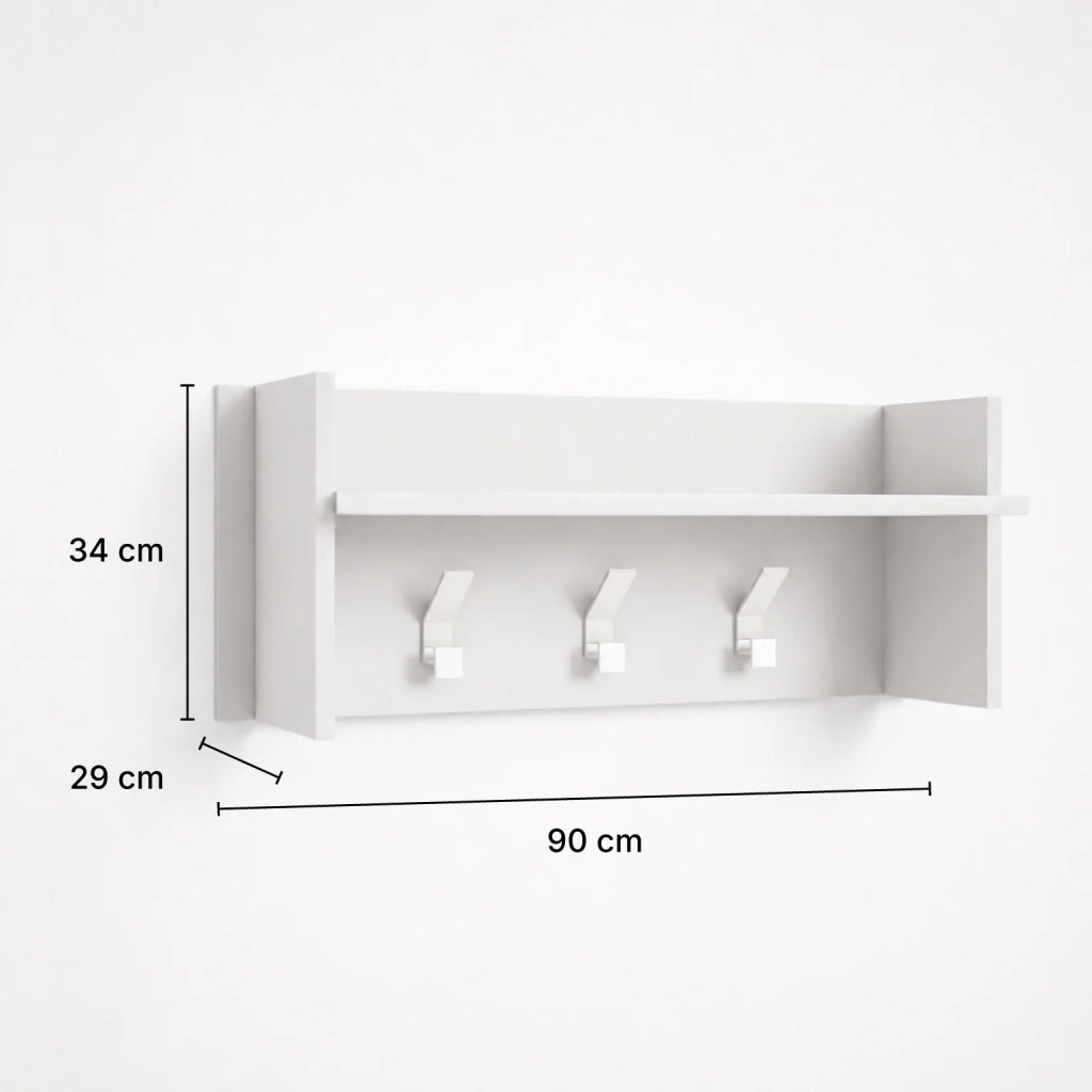 Appendiabiti da Parete Bianco con Mensola e 3 Ganci | Attaccapanni Ingresso Salvaspazio Moderno con Ripiano Portaoggetti | Organizer da Muro 90x29x34 cm