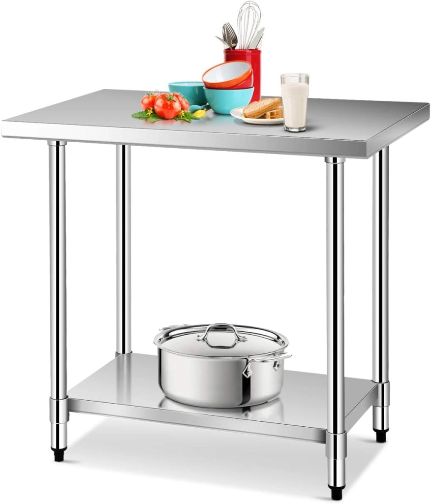 Tavolo da Lavoro per Cucina in Acciaio Inox, Piattaforma con Ripiano Regolabile in Altezza, Piedini Antiscivolo e Regolabili, Piano Cucina Ristorante e Magazzino (92x61x90cm)