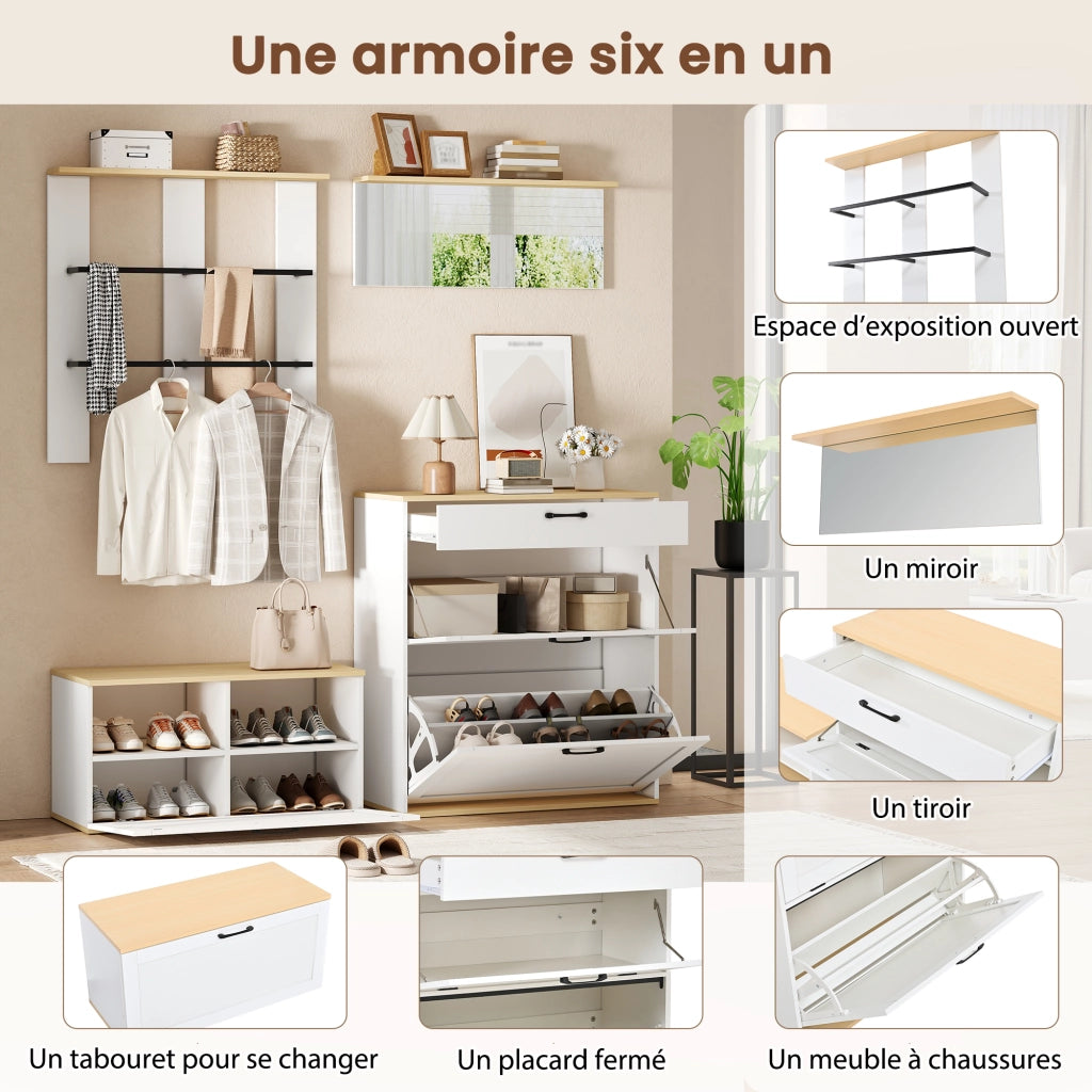 Mobili da ingresso modulari con scarpiera ribaltabile; specchio e doppia barra appendiabiti; per ingresso; 156 × 36 × 176 cm