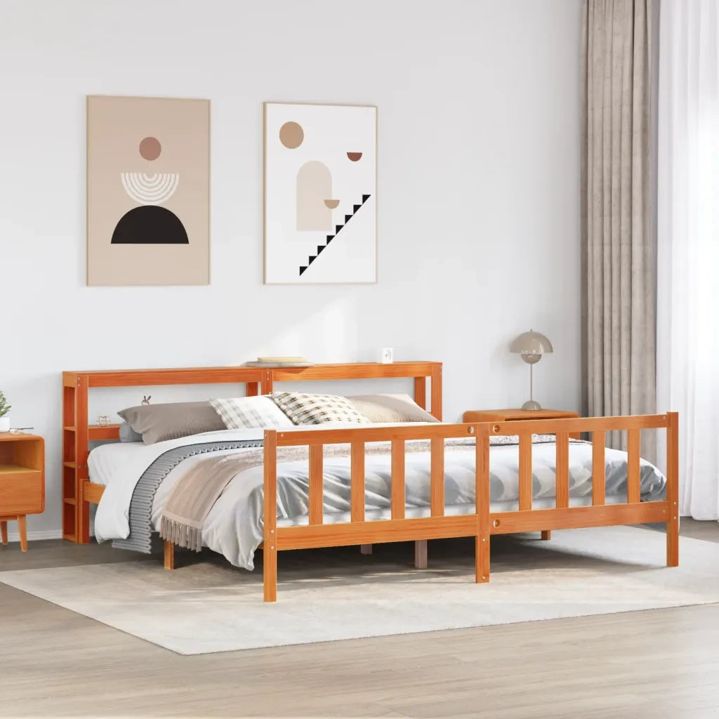Giroletto con Testiera-Struttura Letto con testiera Marrone Cera 200x200 cm Massello Pino 442190