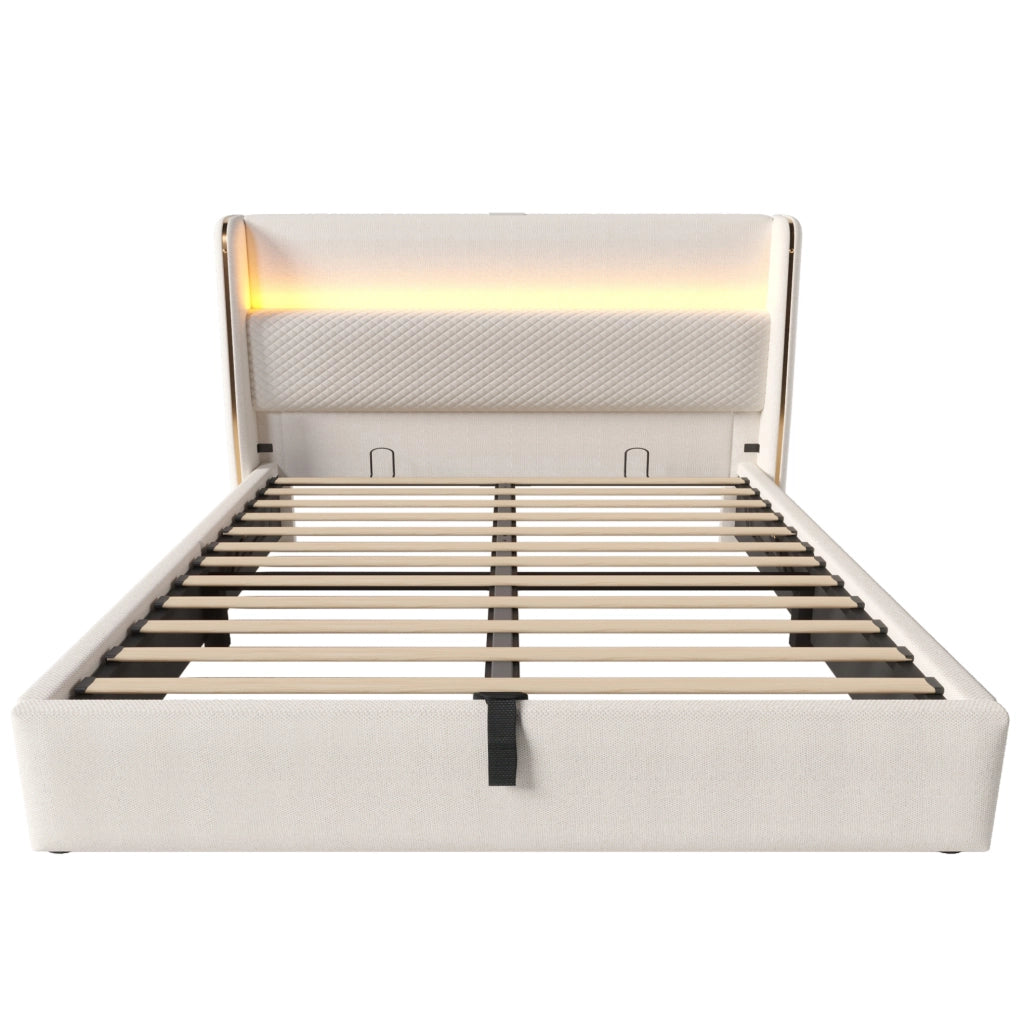 Letto matrimoniale idraulico con testiera alta, LED, USB/Type-C e contenitore