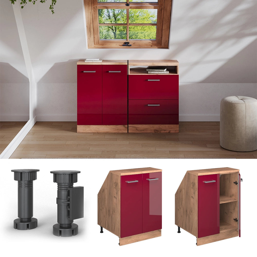 Mobile sottotetto Rion Rosso lucido/Rovere dorato 60 x 83.8 cm con 2 porte, carcassa 60 cm profondità Vicco