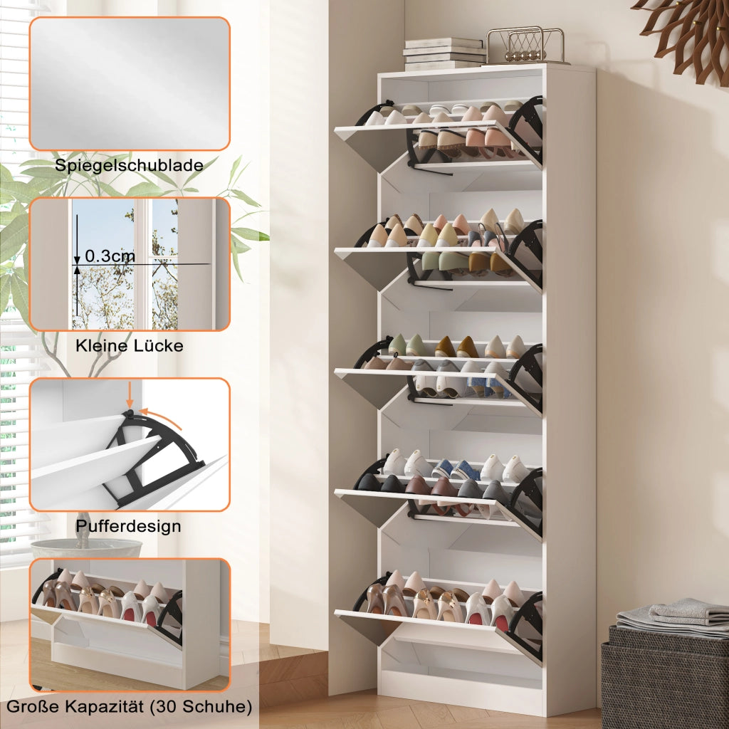 Scarpiera a specchio con 5 ribalte a doppio livello in MDF bianco salvaspazio per ingresso con retro 185 cm