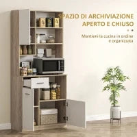Mobile Dispensa in Legno con Cassetto, 3 Armadietti e 4 Ripiani Aperti, 80x35x180 cm, Bianco