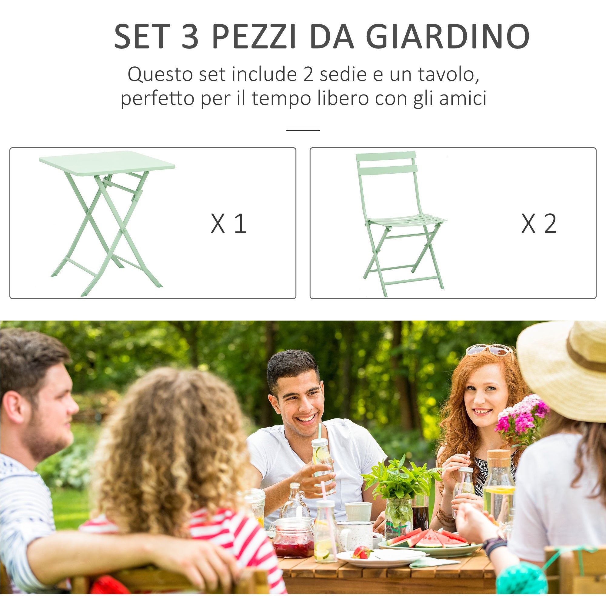 Set Tavolo e 2 Sedie Pieghevoli da Giardino in Metallo Verde