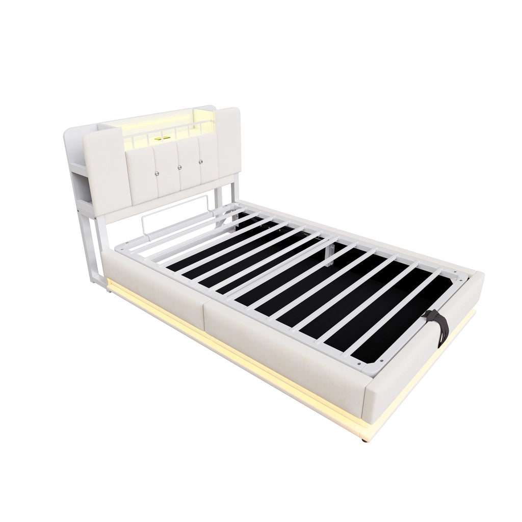 OKWISH Letto Bambino 90×200 cm, Letto Singolo con Contenitore Idraulico, LED e USB, senza Materasso, Imbottito in Tessuto, Beige