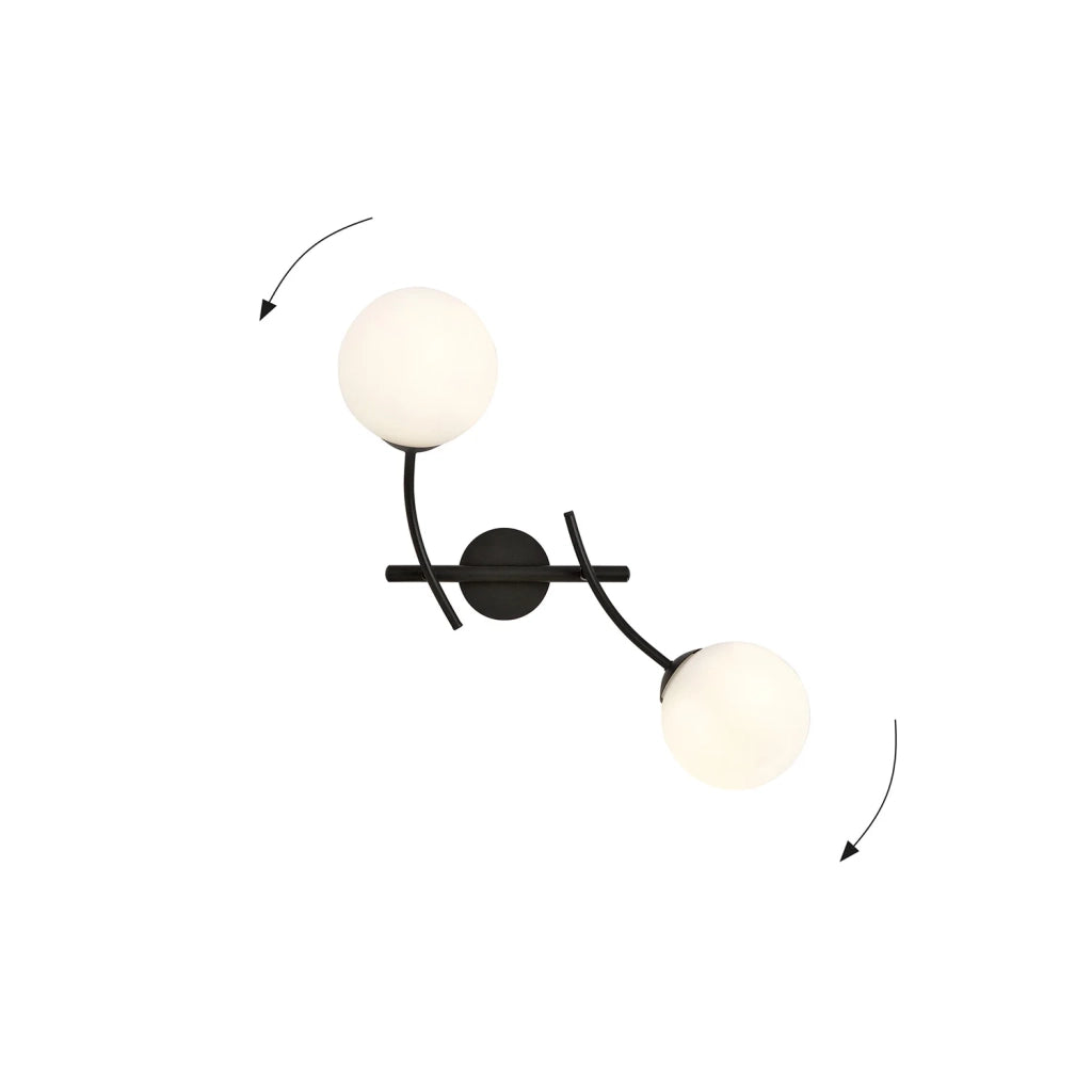 Applique Moderna 2 Luci Oceano In Acciaio Nero Bracci Regolabili E Vetro Opalino