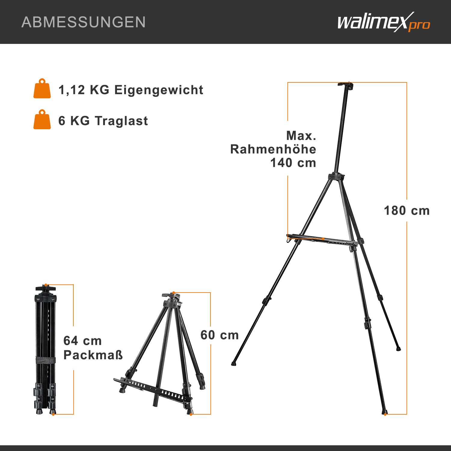 Cavalletto XL 60-180 cm, treppiede per tele in alluminio con borsa per il trasporto, per teli fino a 140 cm, supporto con ripiano