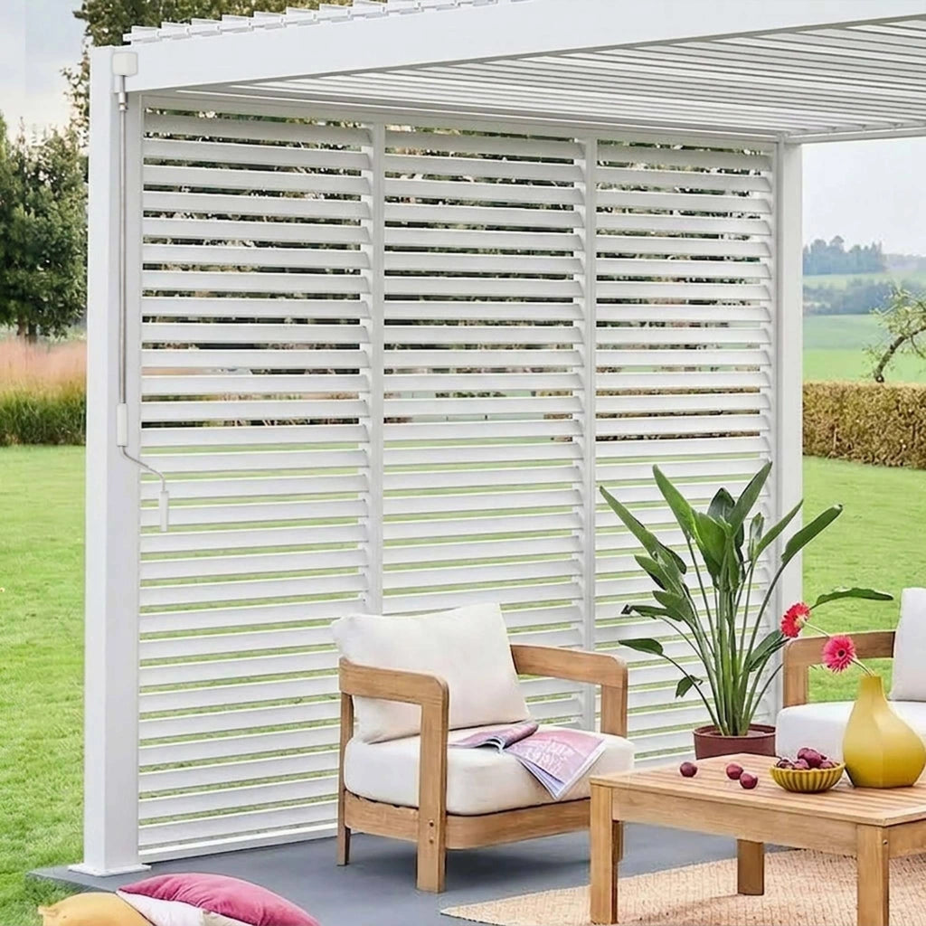 Pergola bioclimatica 3x4 in alluminio + 3 tende da 1m, bianco