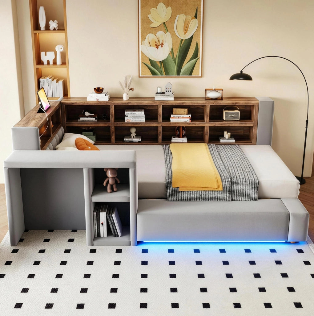 Letto imbottito 90 x 200 cm grigio scuro con LED, prese e vani