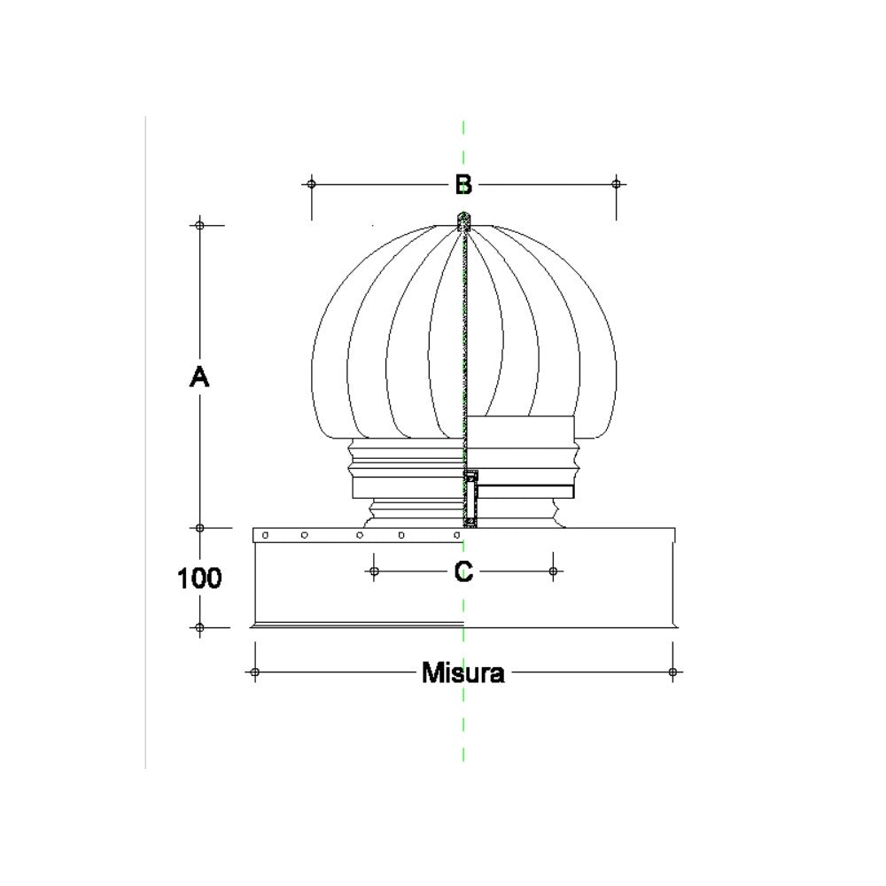 Fumaiolo da 22x32cm base rettangolare tipo radiante eolico inox aisi 304