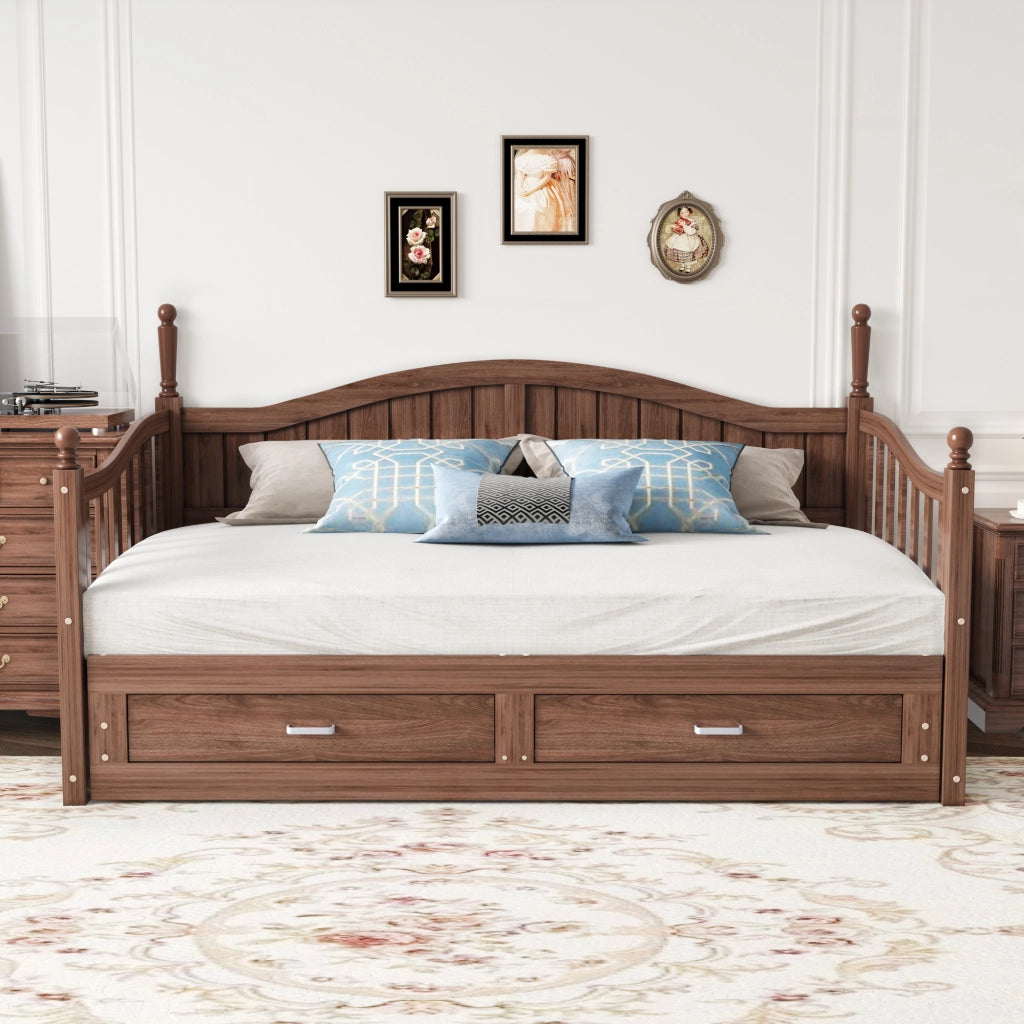 OKWISH Letto Divano Estraibile 90×190 cm, Letto Singolo con 2 Cassetti, Schienale Curvo e Braccioli, senza Materasso, in Legno, Noce