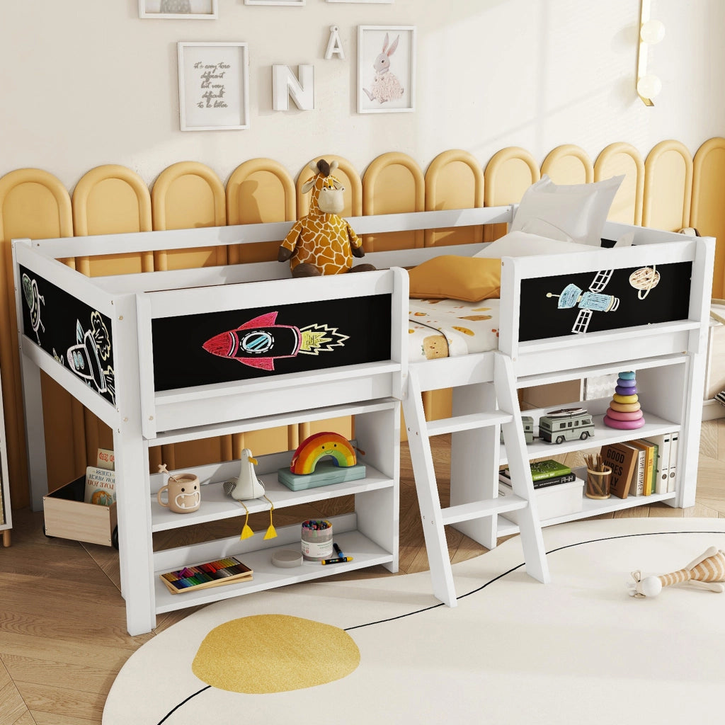 Letto a soppalco 90×200 cm con ripiani; sponda di sicurezza; scala e lavagna; senza materasso; bianco