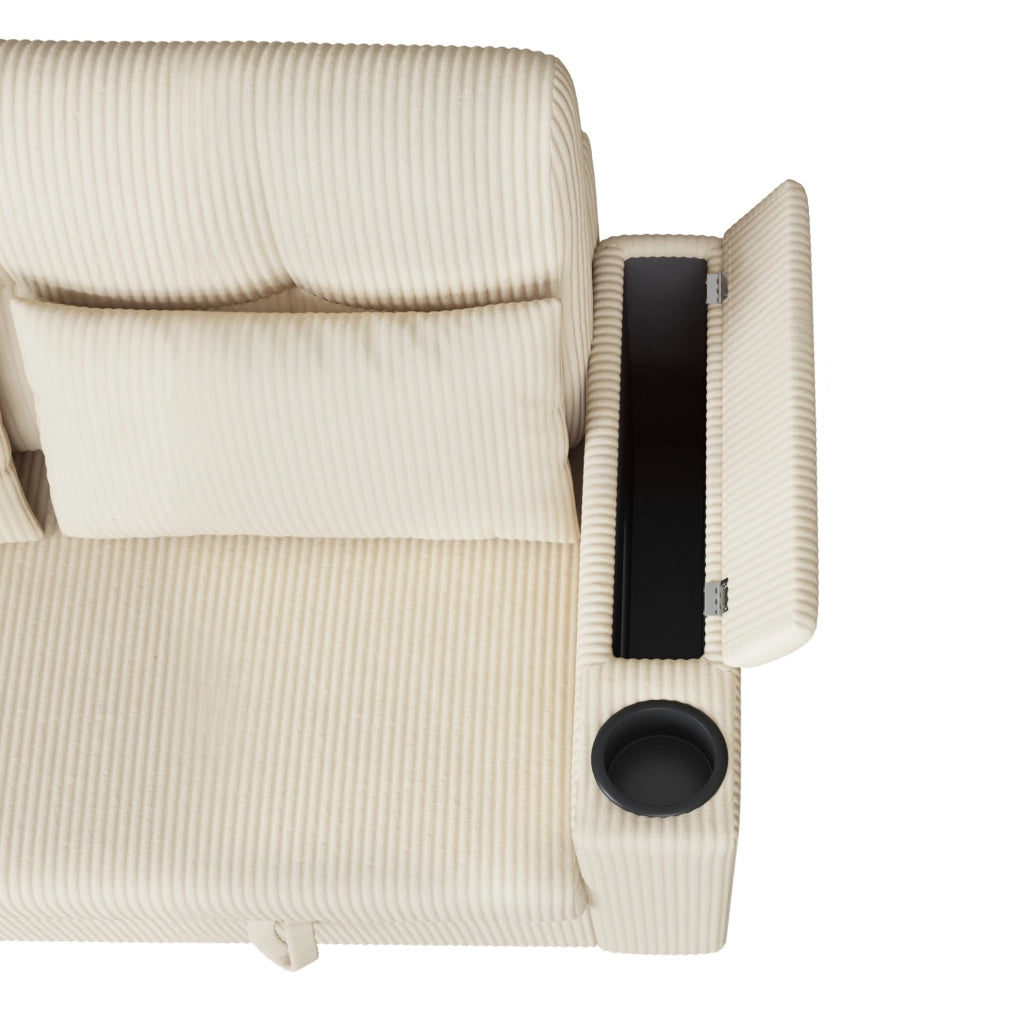 Divano 2 posti con contenitore; USB/Type-C e portabevande in velluto a coste beige HOMVRA