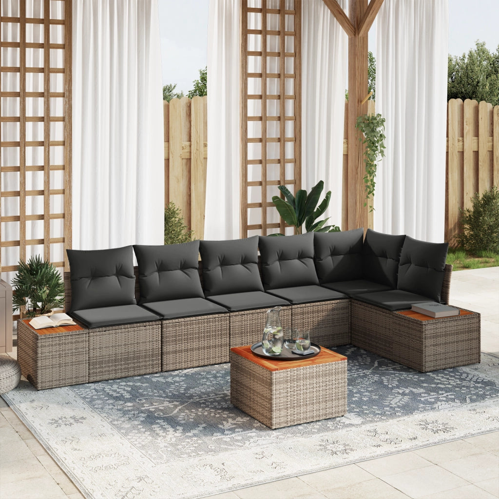 Set di Divani da Giardino 7 Pezzi con Cuscini Grigio Polyrattan Acacia