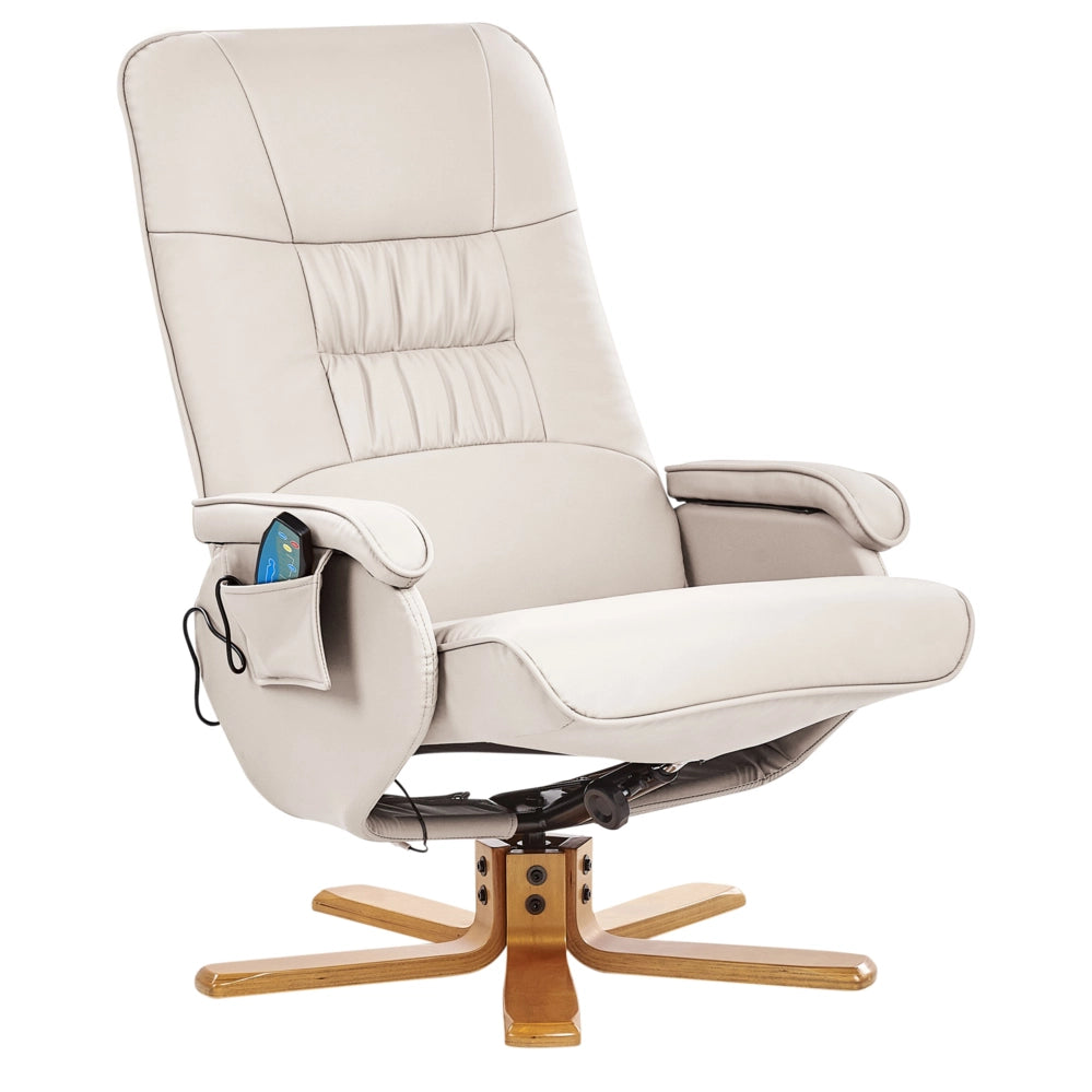 Poltrona reclinabile in similpelle beige chiaro con poggiapiedi, girevole, regolabile, massaggiante e riscaldante con sgabello