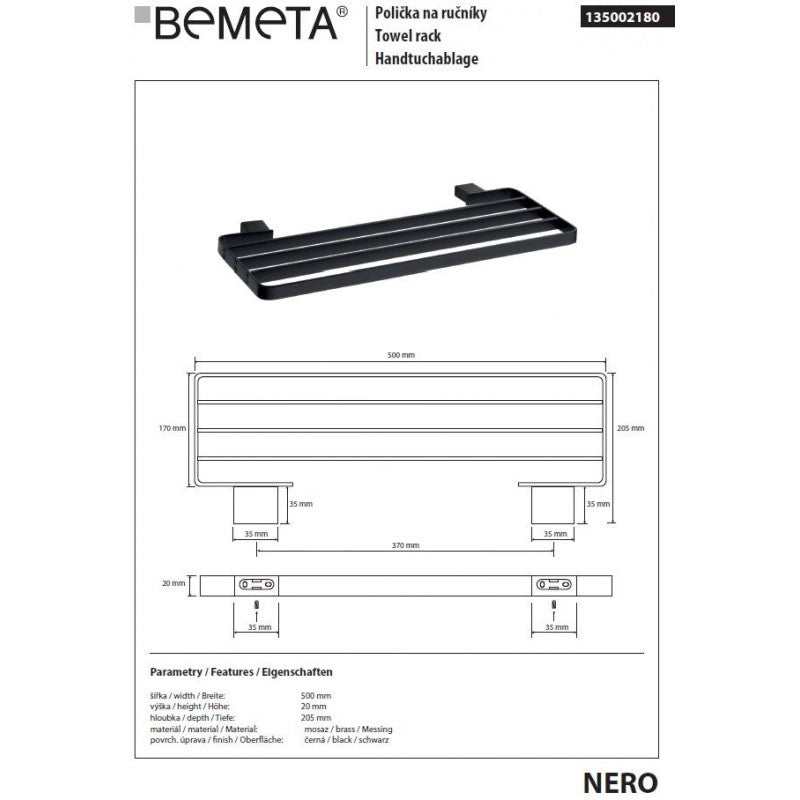 Mensola con portasciugamani in ottone nero NERO 50 x2 x20 ,5 cm