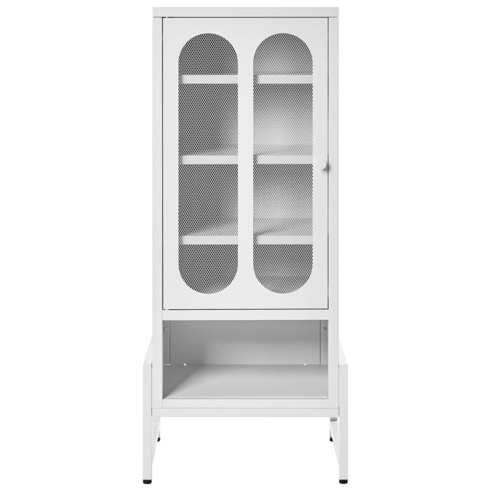 Credenza industriale moderna in acciaio con 1 anta ovale traforata e ripiano colore bianco industriale home office