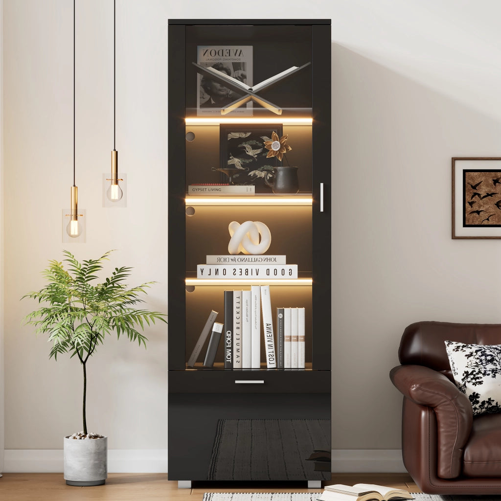 Vetrina nera lucida con ante in acrilico e illuminazione a LED