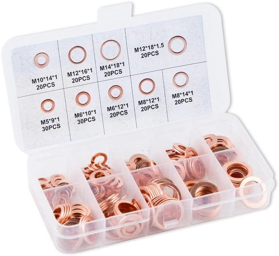 Assortimento di anelli di chiusura in rame - 200 pezzi - M5/M6/M8/M10/M12/M14 - per accessori di combustibile - alta qualità rame