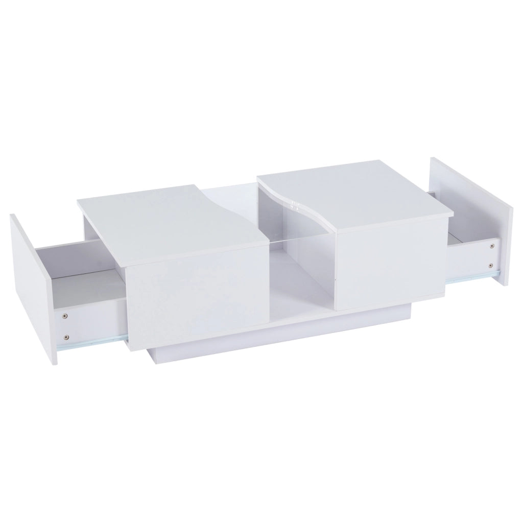 Tavolino da caff猫 100x50x35 cm; LED regolabile con 2 cassetti; MDF e acrilico; bianco