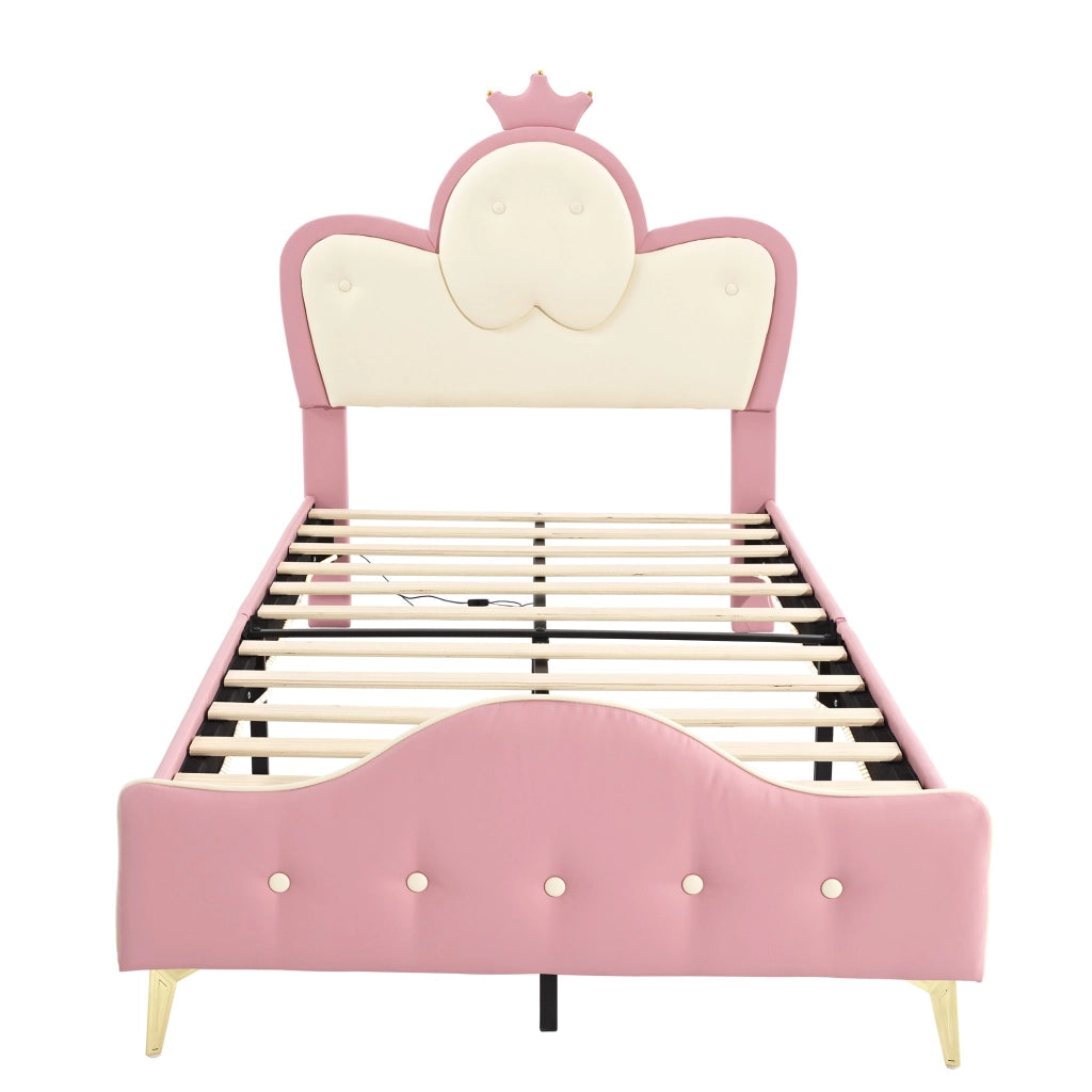 Letto singolo 90x200 cm con LED; testiera ondulata e corona; PU bianco e rosa