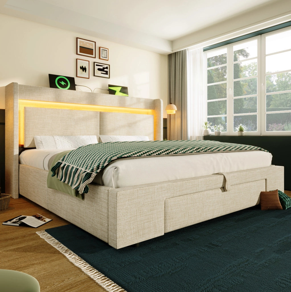 Letto imbottito 140x200 cm con contenitore idraulico; LED e porte USB; beige