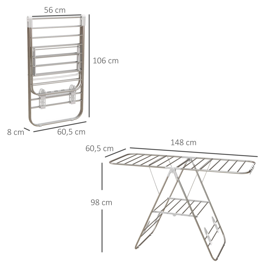 Stendibiancheria pieghevole con ali regolabili in acciaio inox, argento, 60,5 x 148 x 98 cm