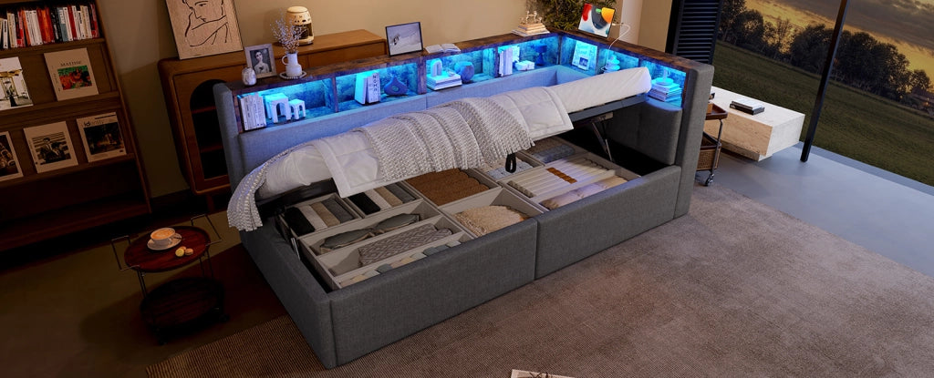 Divano letto singolo 90x200 cm con stoccaggio idraulico, illuminazione LED multicolore e porte USB-C e USB