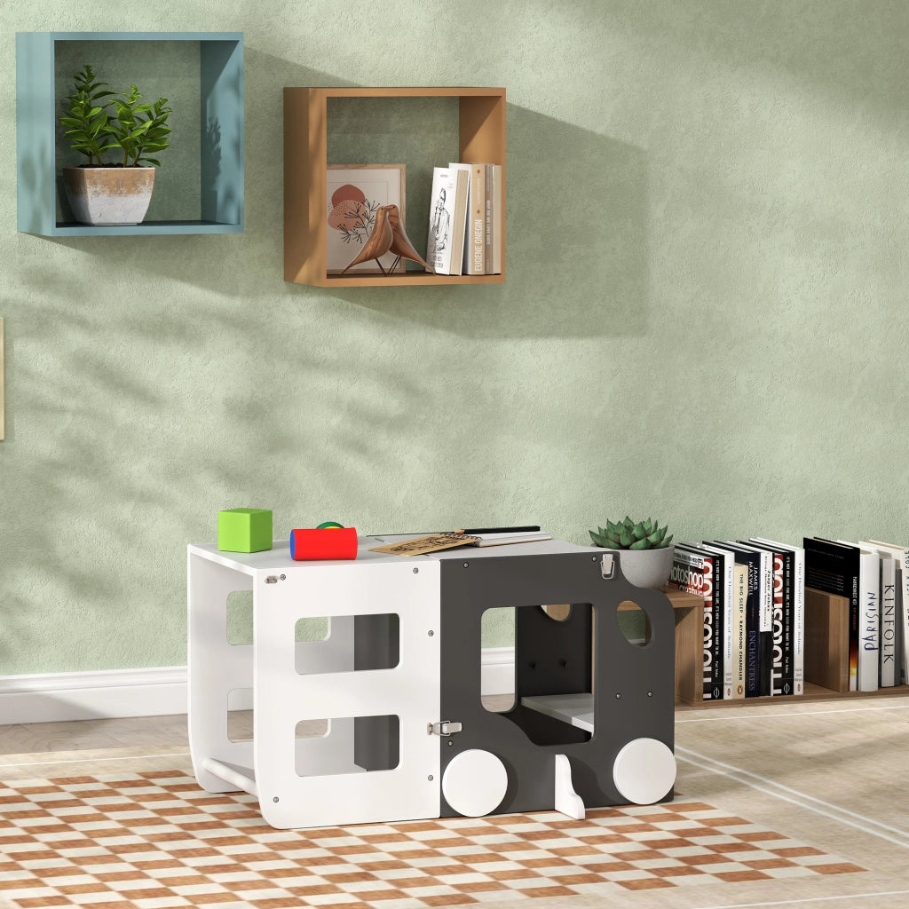 Scala Montessori 4 in 1 per Bambini con 2 Lavagne e Set Tavolo e Sedia, in Legno, 58x46x92 cm, Bianco