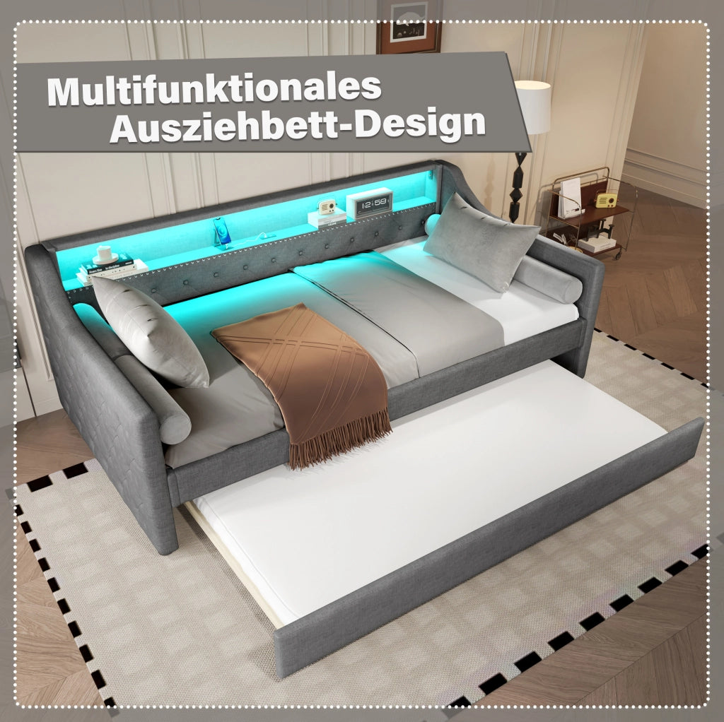 Letto a scomparsa con luci LED, USB e rete a doghe, grigio, 90 x 200 cm