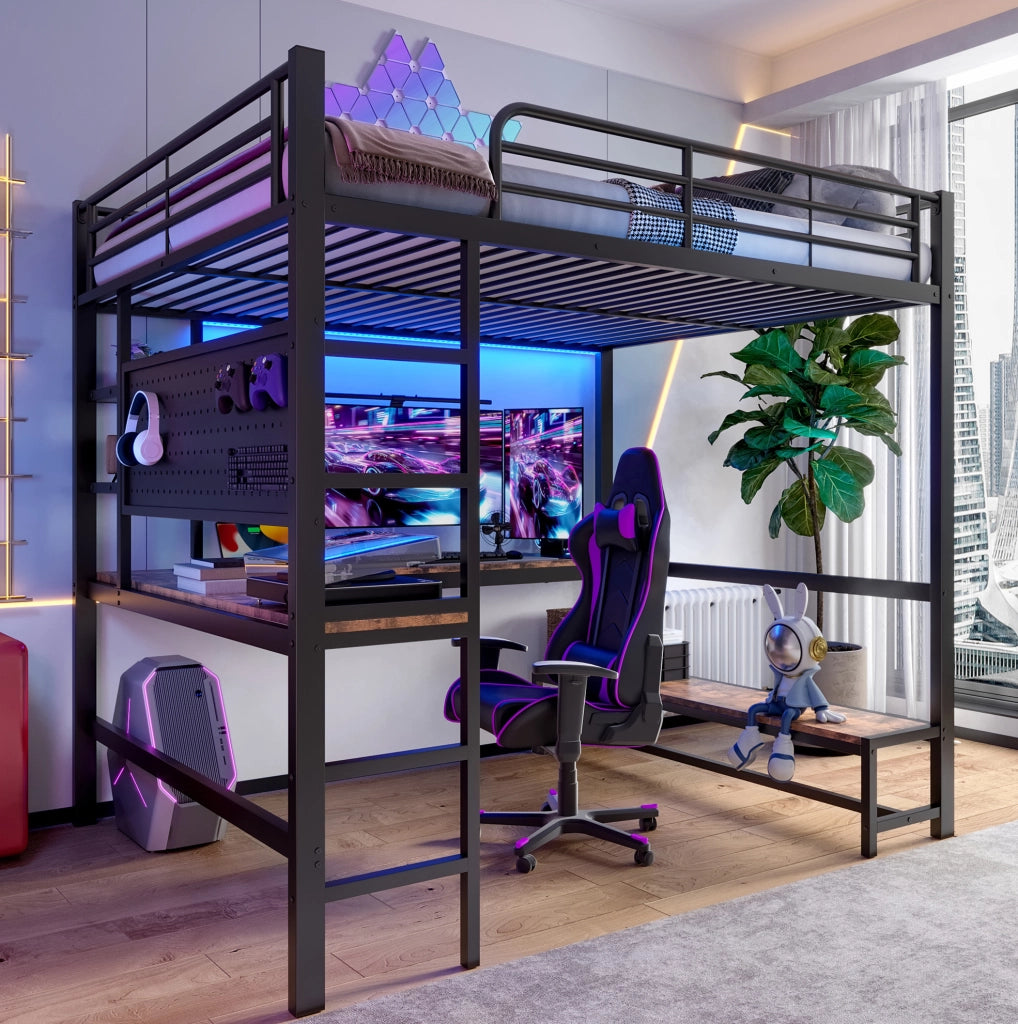 Letto a soppalco 140 x 200 cm nero con scrivania, LED e USB-C