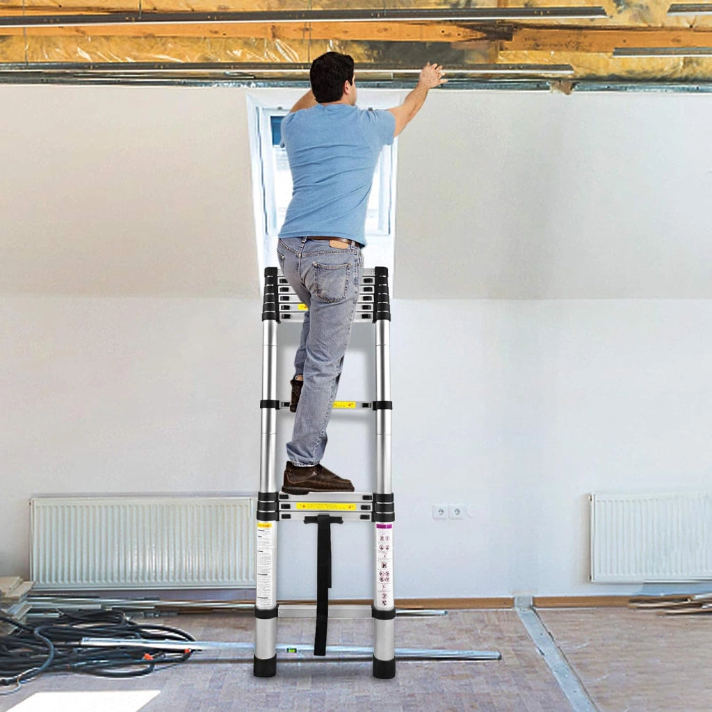 Scala telescopica da 2,6 m, in alluminio, allungabile, con 9 pioli, in alluminio, allungabile, per soffitti e magazzini, capacità di carico 150 kg, colore: argento